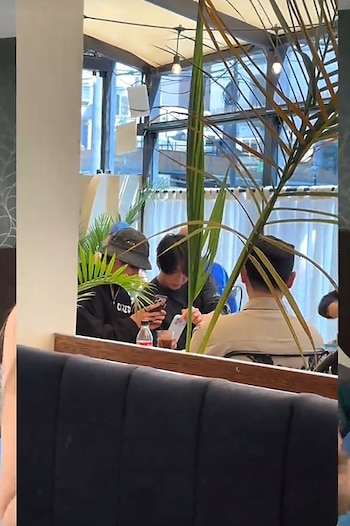 Varios comensales sentados a la mesa de un restaurante detrás de plantas ornamentales mientras miran sus teléfonos móviles