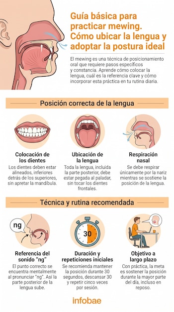 Infografía sobre mewing que muestra ilustraciones de una cabeza de perfil, boca, dientes, nariz; iconos de reloj y persona usando computadora con texto explicativo.