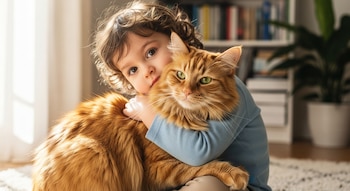 Un niño de pelo rizado abraza a un gato grande de pelaje anaranjado y ojos verdes. Detrás se ven un estante con libros y una planta.