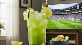 Vaso con bebida verde, hielo, pajita, lima, pepino. Cuenco con rodajas de pepino y chile en polvo. Televisor muestra partido de fútbol en estadio.