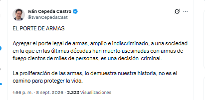 El congresista Iván Cepeda Castro criticó el levantamiento de la suspensión general de permisos para porte de armas de fuego en Colombia - crédito @IvanCepedaCast/X
