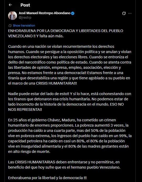 José Manuel Restrepo celebró la captura de Nicolás Maduro en su mensaje de X - crédito @jrestrp