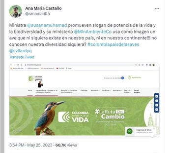 Ministerio de Ambiente promueve la diversidad del país con la imagen de un ave que no existe en Colombia. Twitter