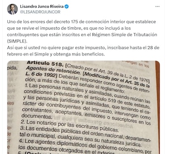Lisandro Junco, ex director de la Dian, dio a conocer un error en el decreto de conmoción interior - crédito @LisandroJuncoR/X