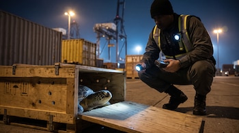 Un agente en uniforme ilumina con una linterna el interior de una caja de madera abierta de la que asoma la cabeza de una tortuga.