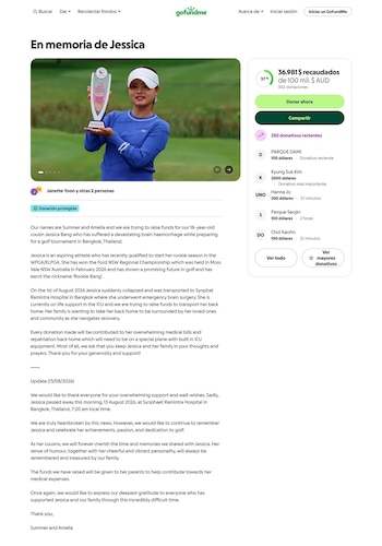 Página web GoFundMe con foto de la golfista Jessica Bang sosteniendo un trofeo, datos de recaudación de fondos, lista de donaciones y texto sobre su caso
