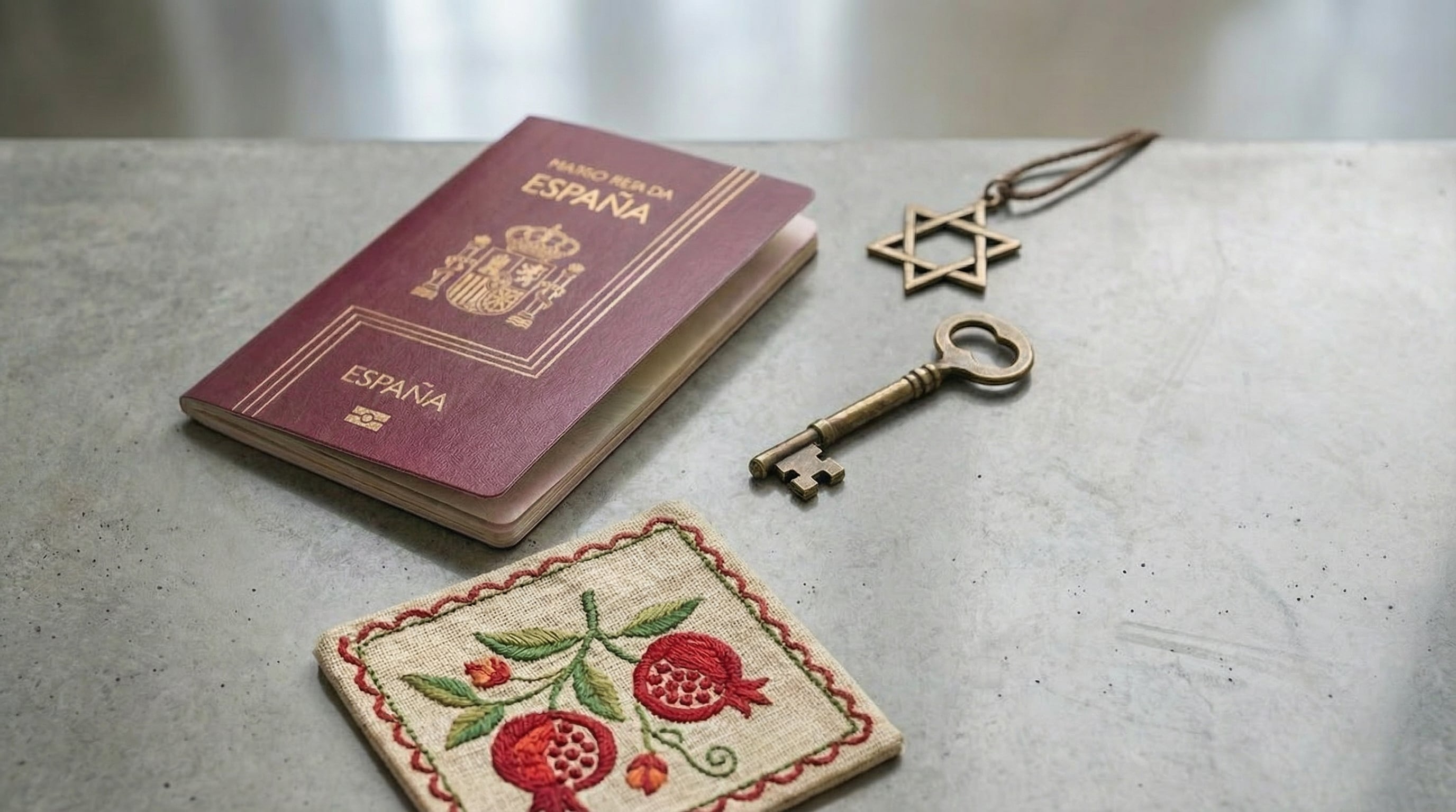 Un pasaporte español, una estrella de David y una llave antigua simbolizan la solicitud de nacionalidad española por origen para los judíos sefardíes. (Imagen Ilustrativa Infobae)