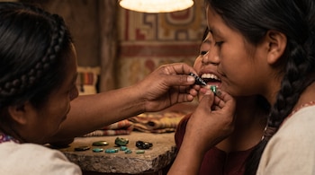 Tres personas; una con boca abierta recibe tratamiento dental. Manos trabajan en el diente con una herramienta. Piedras de jade y turquesa sobre una mesa.