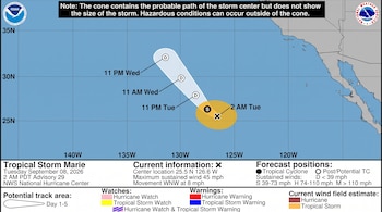 Mapa del océano Pacífico con el cono de trayectoria, los niveles de viento y los datos de la tormenta tropical Marie.