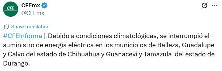 La CFE realizó la cancelación temporal del suministro eléctrico como medida preventiva ante las condiciones extremas provocadas por la tormenta invernal.