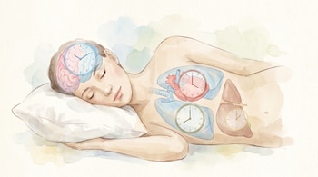 Ilustración digital acuarela de una persona durmiendo de lado sobre una almohada. Se visualizan en transparencia cerebro, corazón, pulmones e hígado con relojes superpuestos.