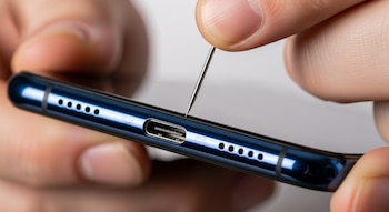 Primer plano de una persona sosteniendo un teléfono azul oscuro y usando una aguja fina de metal para limpiar su puerto de carga USB-C.