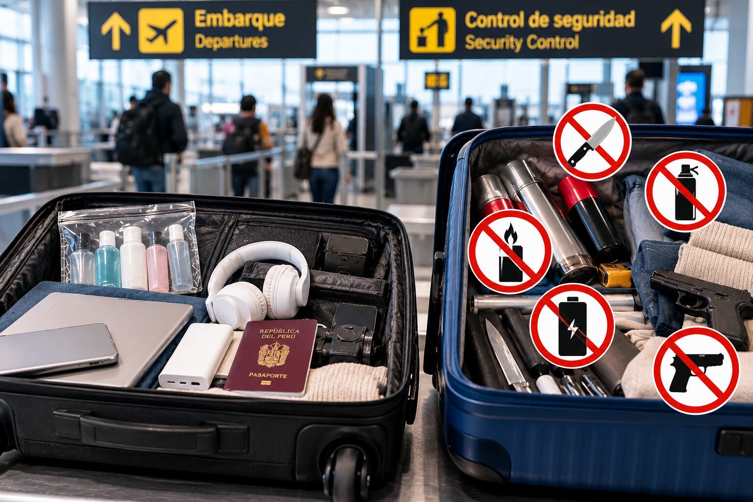 Dos maletas frente al control de seguridad del Aeropuerto Internacional Jorge Chávez ilustran las regulaciones sobre objetos permitidos y prohibidos en el equipaje de mano. (Imagen Ilustrativa Infobae)