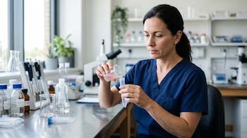 Una mujer con uniforme azul vierte líquido rosa desde un vaso a un tubo de ensayo en una mesa de laboratorio.