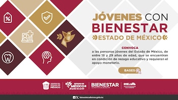Infografía con texto "Jóvenes con Bienestar Estado de México", logos gubernamentales, íconos de porcentaje, escudo, registro médico, ave, diente y cabeza