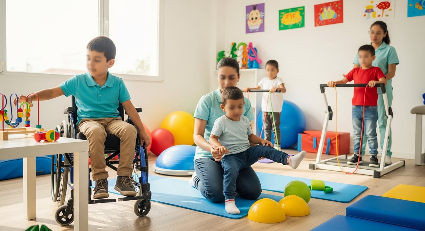 Niños pacientes con atrofia muscular espinal participan en una sesión de fisioterapia en la República Dominicana, asistidos por terapeutas. (Imagen Ilustrativa Infobae)