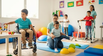 Tres niños realizan ejercicios en una sala de terapia física con dos terapeutas. Hay una silla de ruedas, equipo de rehabilitación y juegos didácticos coloridos.
