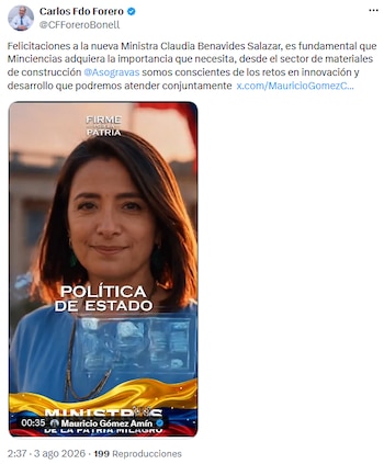 Carlos Forero destacó la importancia de fortalecer Minciencias y ofrece colaboración desde el sector de materiales - crédito @CFForeroBonell/X