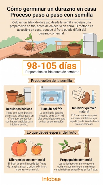 Infografía con mano sosteniendo semilla germinada, maceta con tierra, refrigerador, duraznos y proceso de injerto.