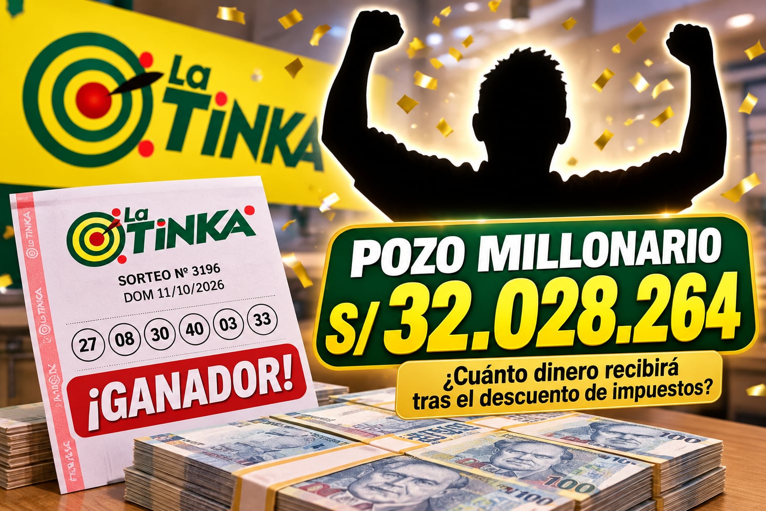 Un boleto ganador de La Tinka ilustra el premio acumulado de más de 32 millones de soles ante el cálculo del pago de impuestos en Perú. (Imagen Ilustrativa Infobae)
