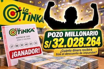 Un boleto impreso de La Tinka, fajos de billetes peruanos, la silueta de una persona celebrando y un letrero del pozo millonario