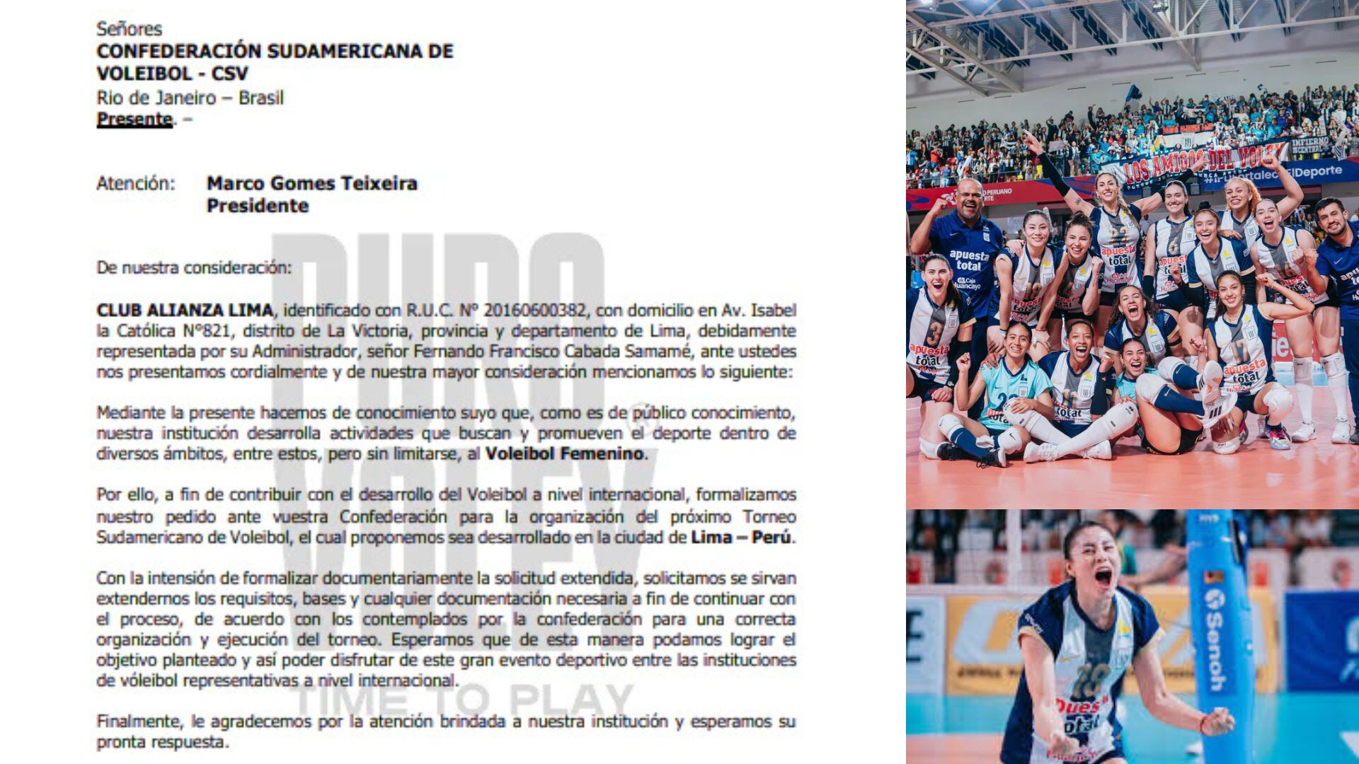 El comunicado elevado de Alianza Lima a la CSV. - Crédito: Puro Vóley