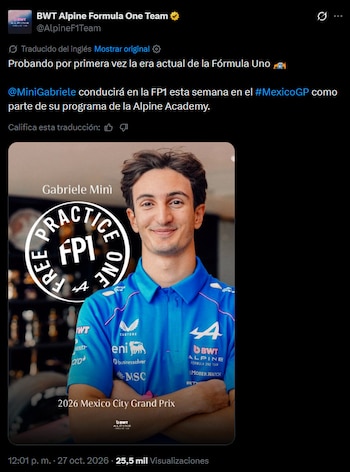Alpine confirmó que Gabriele Mini reemplazará a Franco Colapinto en la FP1 del GP de México