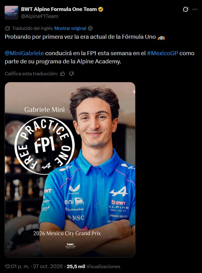 Alpine confirmó que Gabriele Mini reemplazará a Franco Colapinto en la FP1 del GP de México