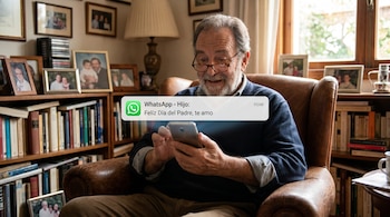 Hombre mayor sentado en un sillón de cuero mira su teléfono móvil; se ve una notificación de WhatsApp con un mensaje del Día del Padre.