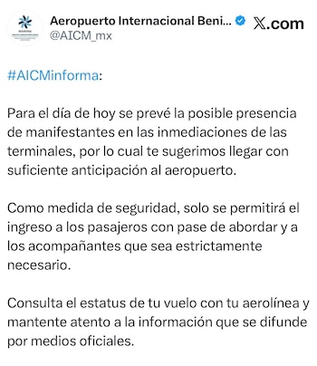 La administración del aeropuerto informa que, como medida extraordinaria, solo podrán ingresar quienes presenten su pase de abordar, ante la eventual presencia de protestas en los alrededores este jueves.