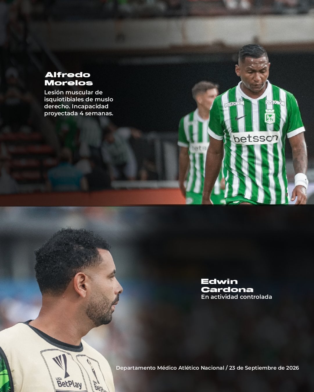 Reporte médico de Atlético Nacional en la previa del partido ante Millonarios, con las ausencias de Edwin Cardona y Alfredo Morelos - crédito Atlético Nacional