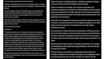 Captura de pantalla dividida en dos columnas con texto en letras blancas sobre un fondo negro