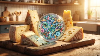Porciones de queso en una tabla de madera y un disco transparente central que contiene figuras de bacterias multicolores.