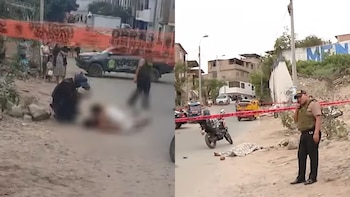 Calle acordonada con cinta de seguridad, un cuerpo cubierto sobre el suelo, un policía de pie y un vehículo policial al fondo