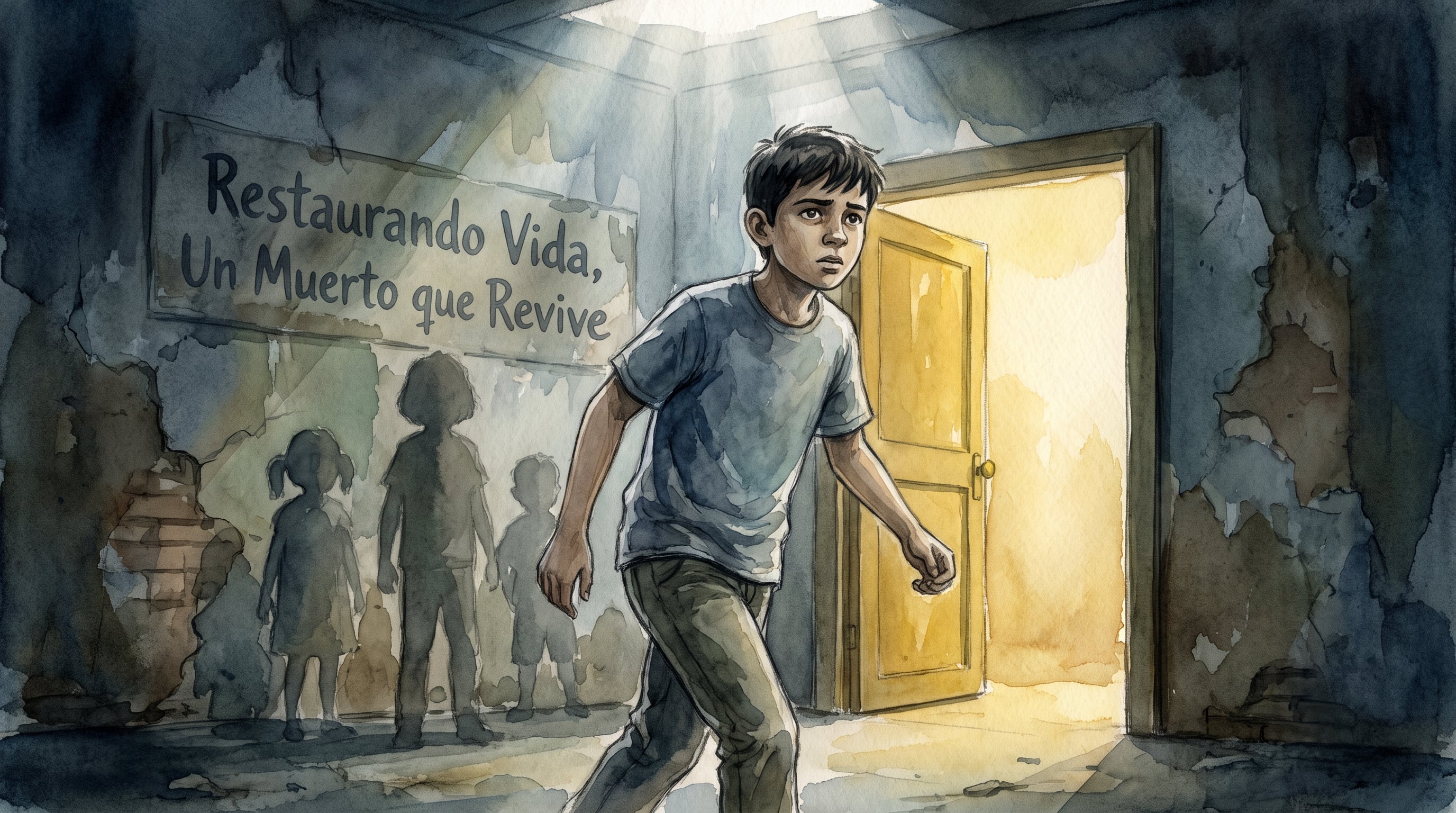 Un niño avanza hacia una puerta abierta e iluminada mientras deja atrás una habitación deteriorada con sombras de otros menores y un cartel en la pared. (Imagen Ilustrativa Infobae)