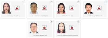 Siete paneles individuales con fotografías de candidatos: tres mujeres y cuatro hombres, acompañadas del logo de 'SiCreo' y sus nombres