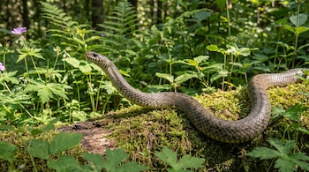 Serpiente de escamas grises y marrones se arrastra sobre un tronco cubierto de musgo verde brillante en un bosque con mucha vegetación y luz solar.