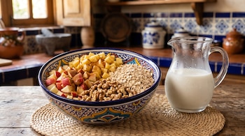 Cuenco de cerámica con trozos de manzana, avena y nueces junto a una jarra con leche sobre un mantel individual en una mesa de madera.