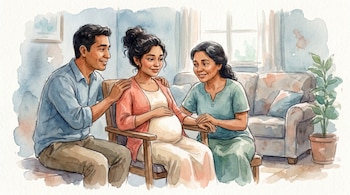 Ilustración en acuarela de una joven embarazada de Centroamérica sentada con sus padres, quienes la toman de la mano y el hombro, en una sala con ventana.