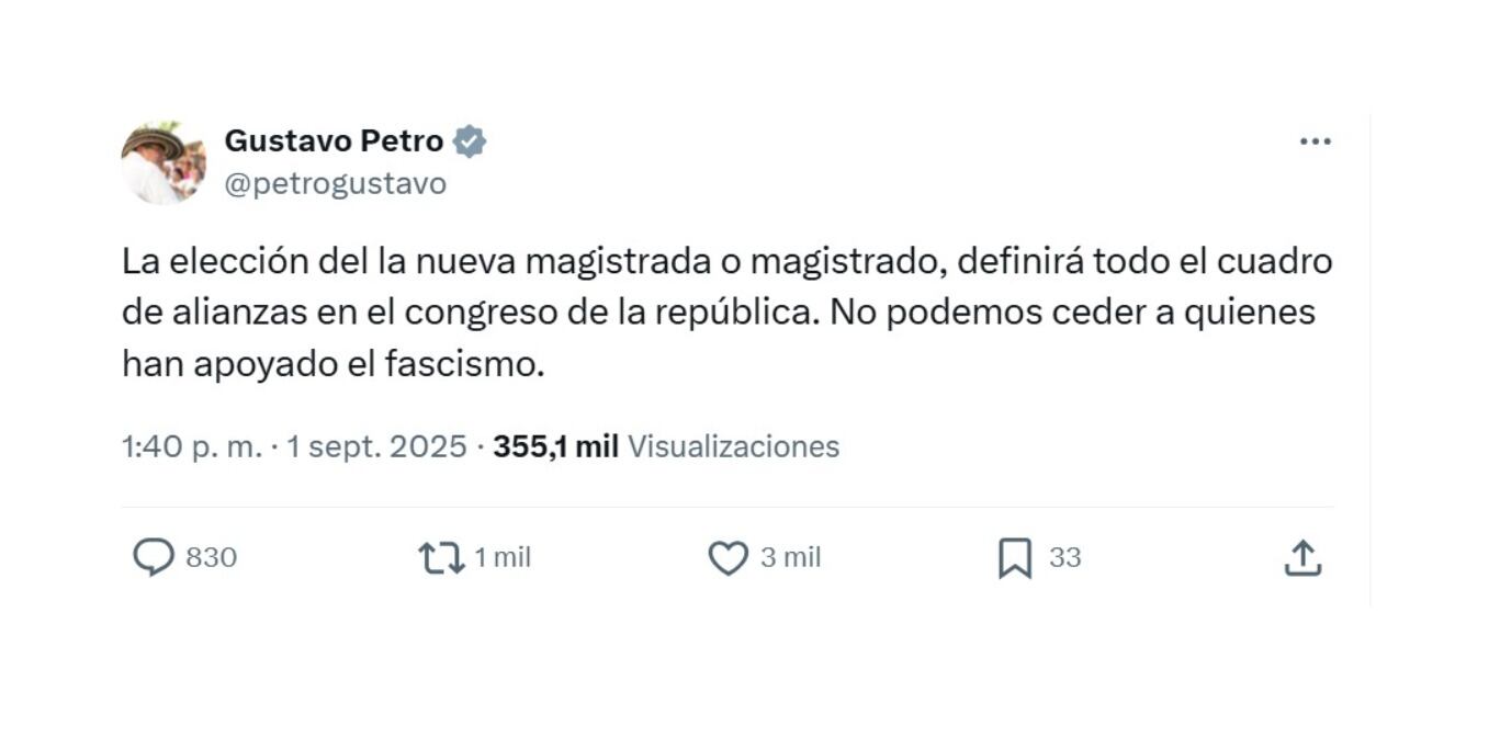Con este mensaje, el presidente Gustavo Petro se pronunció sobre la elección del nuevo magistrado de la Corte Constitucional - crédito @petrogustavo/X