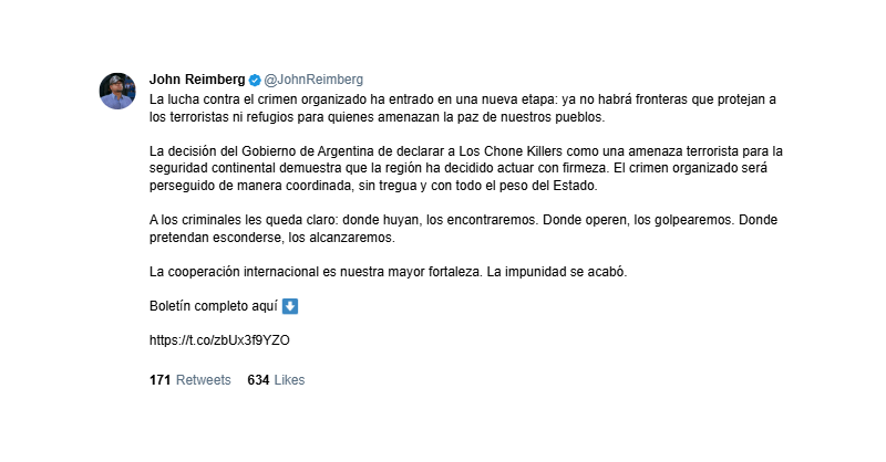 El ministro del Interior de Ecuador, John Reimberg, celebró la decisión y afirmó que la cooperación internacional es la mayor fortaleza en el combate al crimen organizado