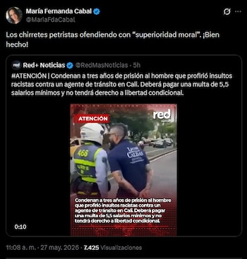 La senadora se pronunció en redes sociales sobre la condena por los insultos racistas contra un agente de tránsito en Cali, generando reacciones divididas en el debate público - crédito María Fernanda Cabal/X
