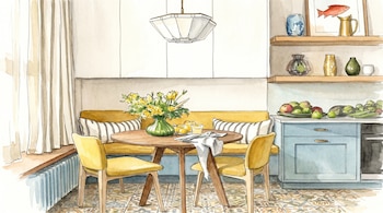 Ilustración acuarela de un comedor con mesa redonda, sillas amarillas y un banco. Se ven flores, una cocina con frutas y estantes decorativos.
