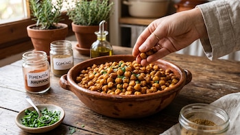 Garbanzos asados en un cuenco de barro sobre una mesa de madera. Una mano toma uno. Cerca hay frascos de pimentón y comino, y un plato con perejil picado