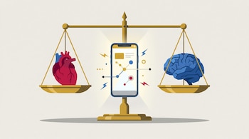 Una balanza dorada sostiene un corazón rojo a la izquierda, un cerebro azul a la derecha y un teléfono inteligente en el centro.