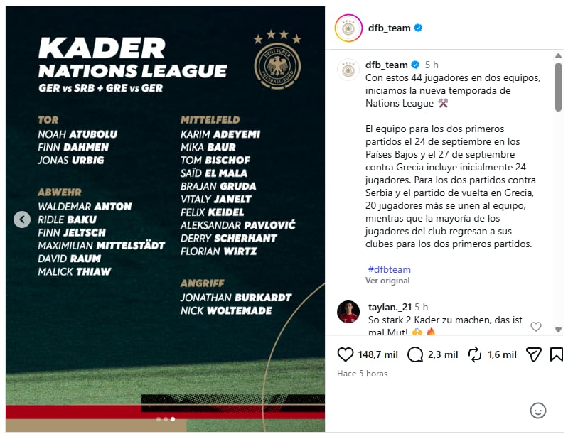 Alemania anunció la lista en sus redes sociales