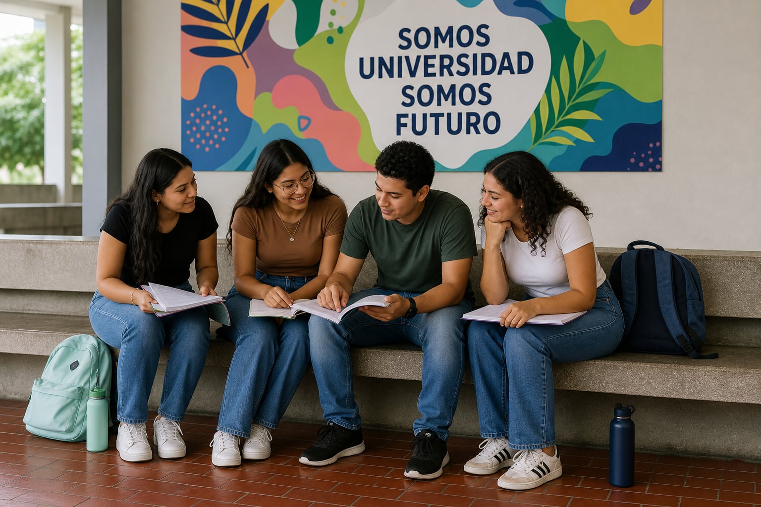 Cuatro estudiantes conversan y revisan material de estudio en un pasillo de la Universidad de Panamá frente a un mural institucional. (Imagen Ilustrativa Infobae)