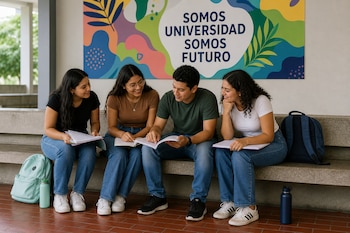 Cuatro jóvenes sentados en un banco de concreto revisan cuadernos frente a un mural colorido que dice SOMOS UNIVERSIDAD SOMOS FUTURO.