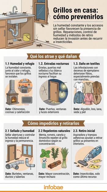 Infografía con ilustraciones de una cocina, grietas, ropa, tubos, plantas y una aspiradora junto a esquemas explicativos sobre grillos.