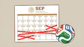 Ilustración plana de un calendario escolar con el logo de la SEP, varios días tachados en rojo y el balón Trionda del Mundial 2026 a la derecha.